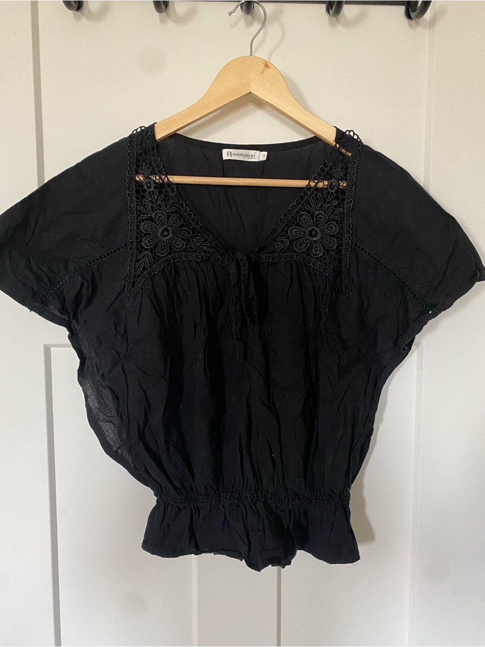 Vintage Boho Revolution Black Crochet-Trim Short Sleeve Blouse